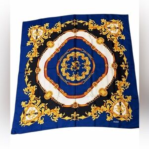 Bill Blass Vintage 100% Silk Scarf Blue Gold Baroque Chain Print